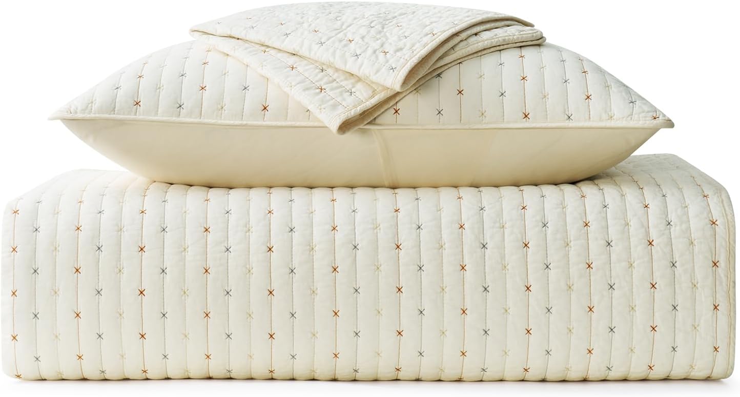 Cotton Quilt Set Queen Cross Stitch Bedspread Coverlet, Cream White Breathable, Moisture Wicking, Lightweight, All-Season, Machine Washable, Pre-Washed, Skin-Friendly, Soft, Cozy