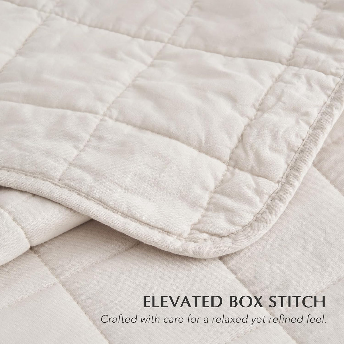 100% Cotton Box Stitch Quilt Set, King Size, Birch Garment-Washed Softness, Lightweight All-Season Warmth, Cozy & Textured, Modern & Rustic Decor, 3 Piece Set with 2 Shams