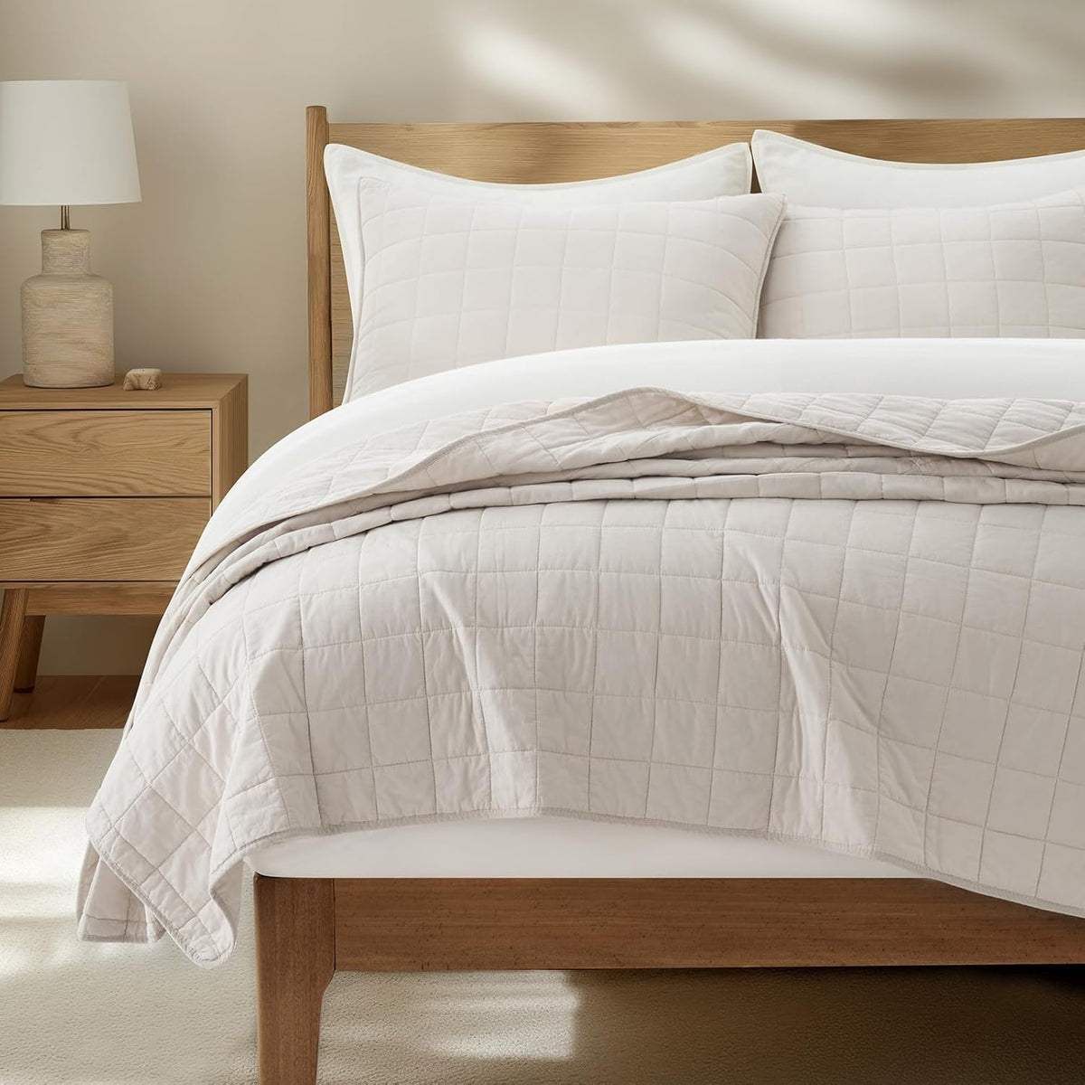 100% Cotton Box Stitch Quilt Set, King Size, Birch Garment-Washed Softness, Lightweight All-Season Warmth, Cozy & Textured, Modern & Rustic Decor, 3 Piece Set with 2 Shams