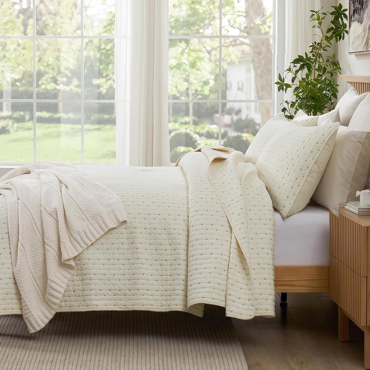 Cotton Quilt Set Queen Cross Stitch Bedspread Coverlet, Cream White Breathable, Moisture Wicking, Lightweight, All-Season, Machine Washable, Pre-Washed, Skin-Friendly, Soft, Cozy