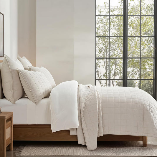 100% Cotton Box Stitch Quilt Set, King Size, Birch Garment-Washed Softness, Lightweight All-Season Warmth, Cozy & Textured, Modern & Rustic Decor, 3 Piece Set with 2 Shams