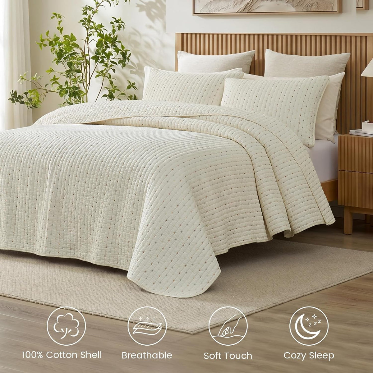 Cotton Quilt Set Queen Cross Stitch Bedspread Coverlet, Cream White Breathable, Moisture Wicking, Lightweight, All-Season, Machine Washable, Pre-Washed, Skin-Friendly, Soft, Cozy