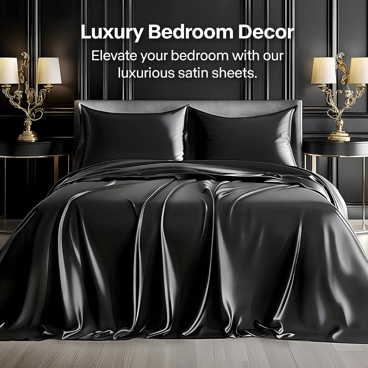 Satin Sheets Queen Size Bed Set, Black, 4 Pieces Luxury Silky Bed Sheets, 15 Inch Deep Pocket, Similar to Silk, Soft and Cooling, Reduces Friction, Gentle on Hair and Skin