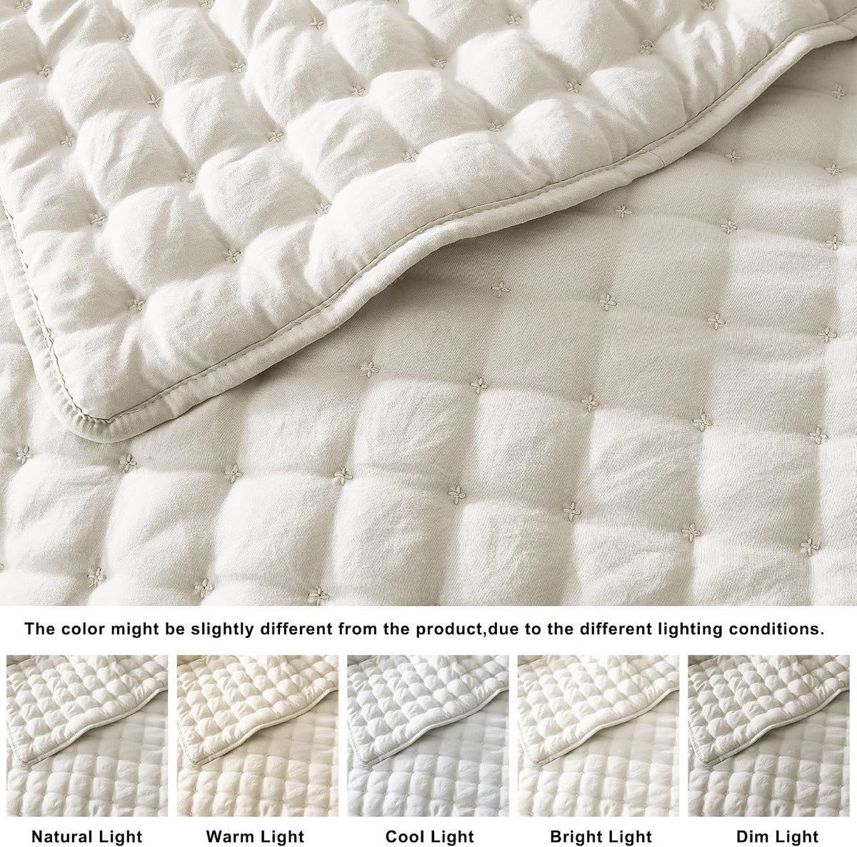 King Size Quilt Bedding Sets with 2 Pillow Shams, Ivory Lightweight Soft Bedspread Coverlet, Quilted Blanket Thin Comforter Bed Cover for All Season, 3 Pieces, 104x90 inches
