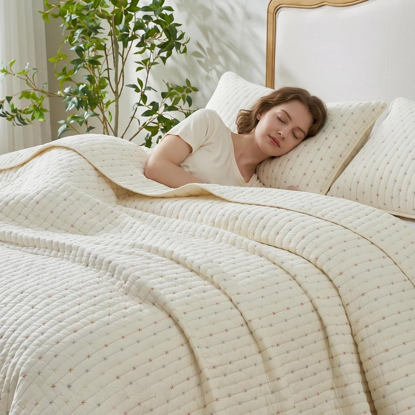 Cotton Quilt Set Queen Cross Stitch Bedspread Coverlet, Cream White Breathable, Moisture Wicking, Lightweight, All-Season, Machine Washable, Pre-Washed, Skin-Friendly, Soft, Cozy