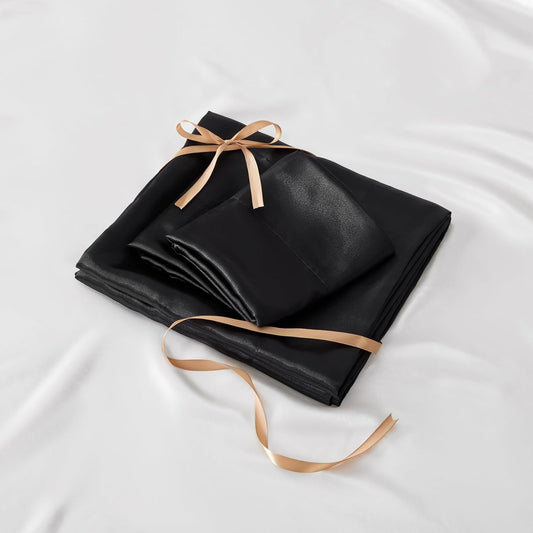Satin Sheets Queen Size Bed Set, Black, 4 Pieces Luxury Silky Bed Sheets, 15 Inch Deep Pocket, Similar to Silk, Soft and Cooling, Reduces Friction, Gentle on Hair and Skin
