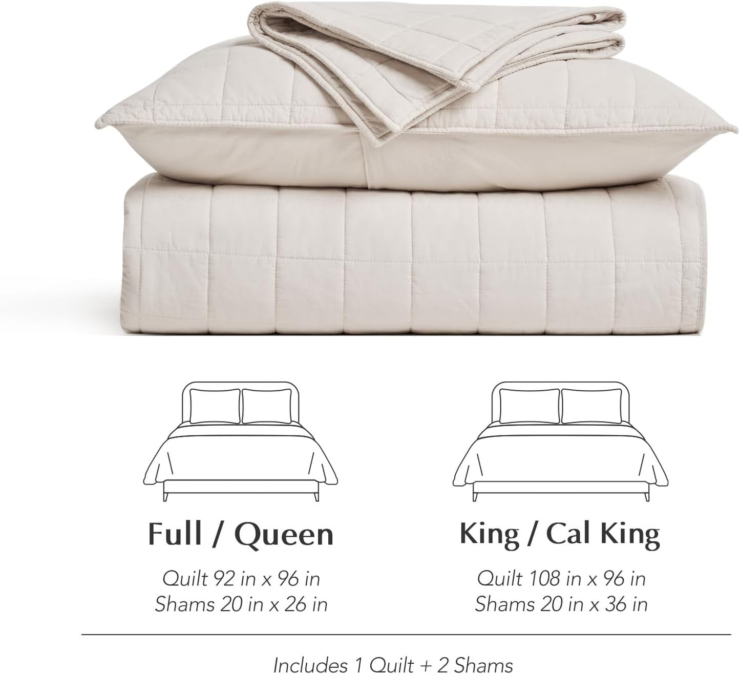 100% Cotton Box Stitch Quilt Set, King Size, Birch Garment-Washed Softness, Lightweight All-Season Warmth, Cozy & Textured, Modern & Rustic Decor, 3 Piece Set with 2 Shams