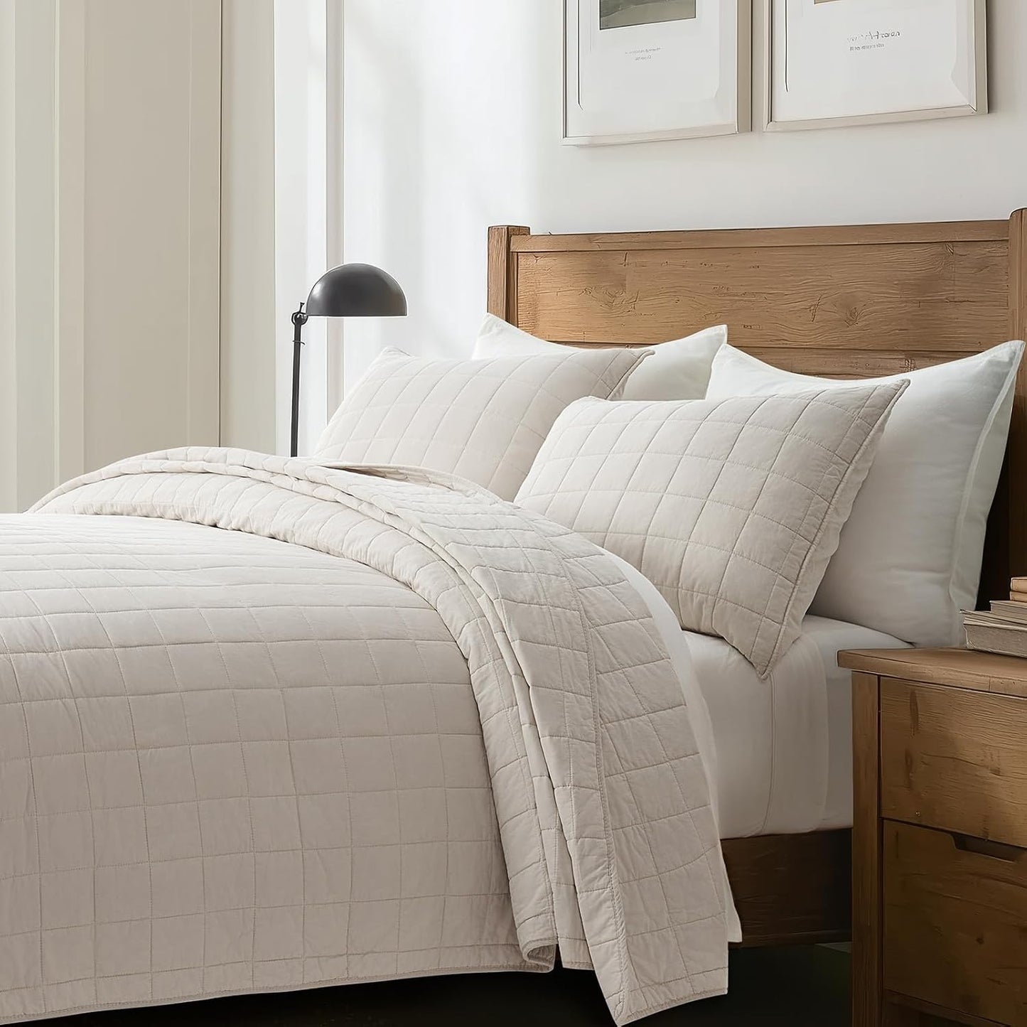 100% Cotton Box Stitch Quilt Set, King Size, Birch Garment-Washed Softness, Lightweight All-Season Warmth, Cozy & Textured, Modern & Rustic Decor, 3 Piece Set with 2 Shams