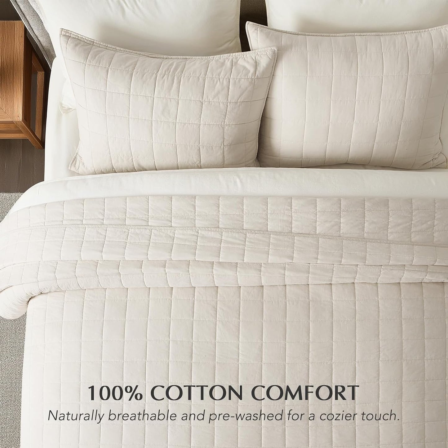 100% Cotton Box Stitch Quilt Set, King Size, Birch Garment-Washed Softness, Lightweight All-Season Warmth, Cozy & Textured, Modern & Rustic Decor, 3 Piece Set with 2 Shams