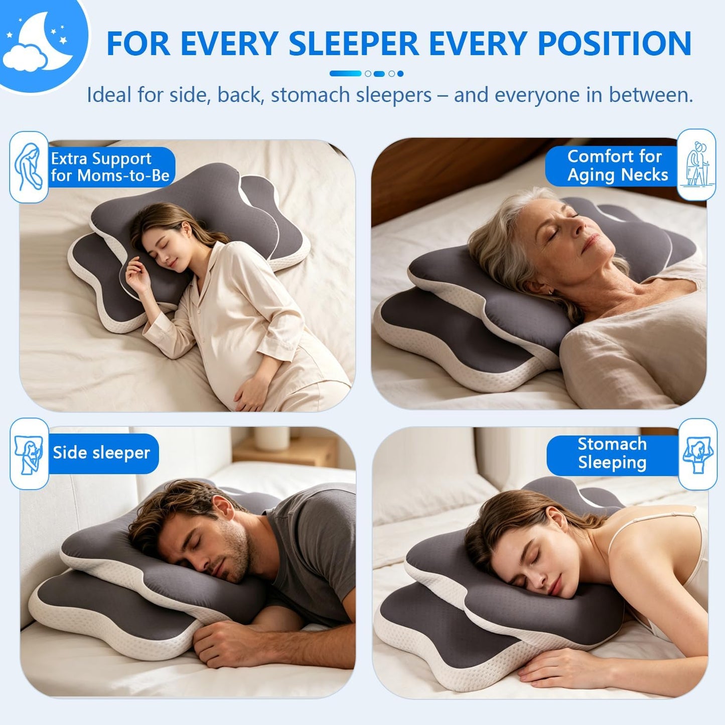 Ergo Pillow for Sleep Apnea, Neck Pain, and Snoring Relief | Cervical Neck Pillow for Neck Pain Relief & Side Sleeper | Orthopedic Memory Foam with Ergonomic Neck Support, Gray, Standard