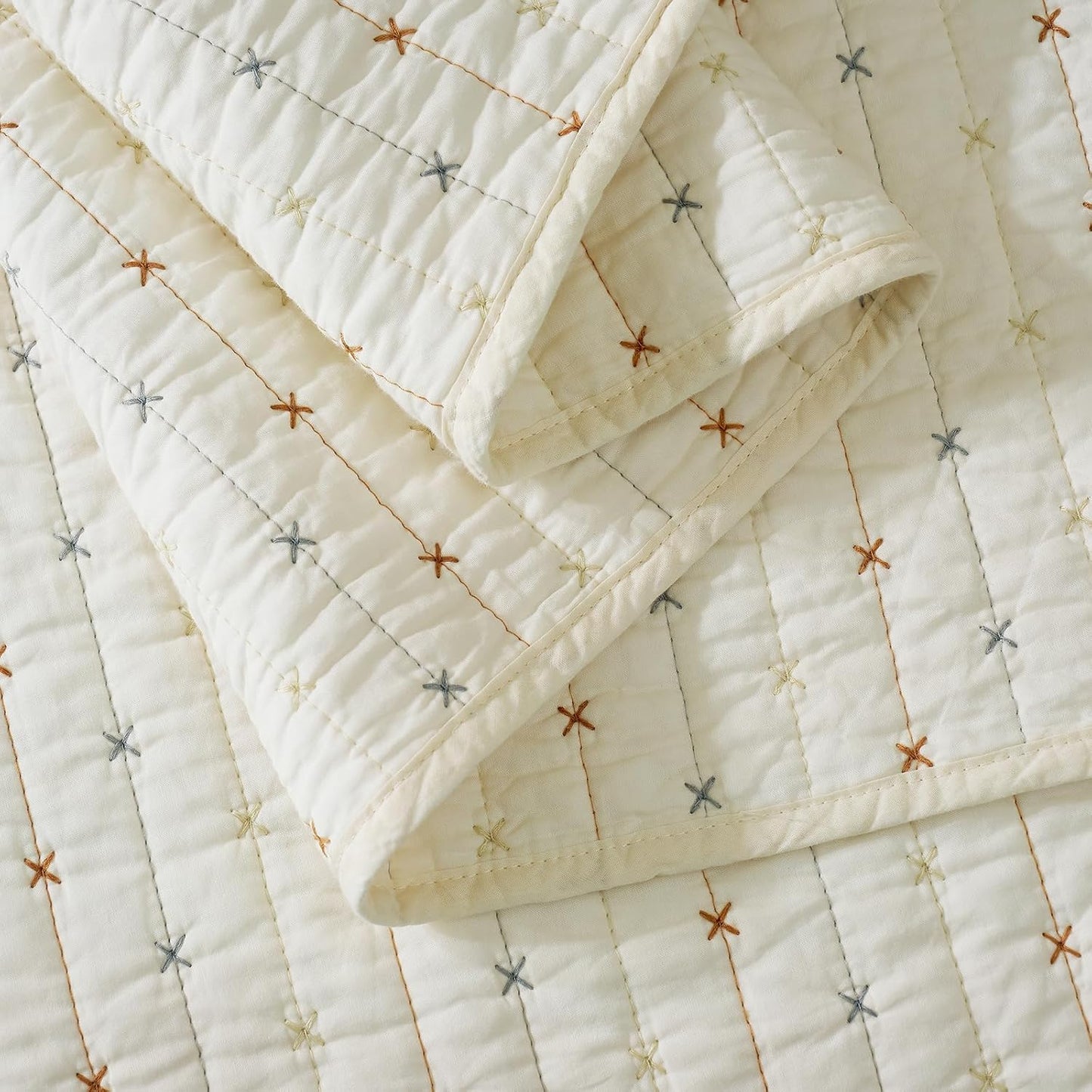 Cotton Quilt Set Queen Cross Stitch Bedspread Coverlet, Cream White Breathable, Moisture Wicking, Lightweight, All-Season, Machine Washable, Pre-Washed, Skin-Friendly, Soft, Cozy