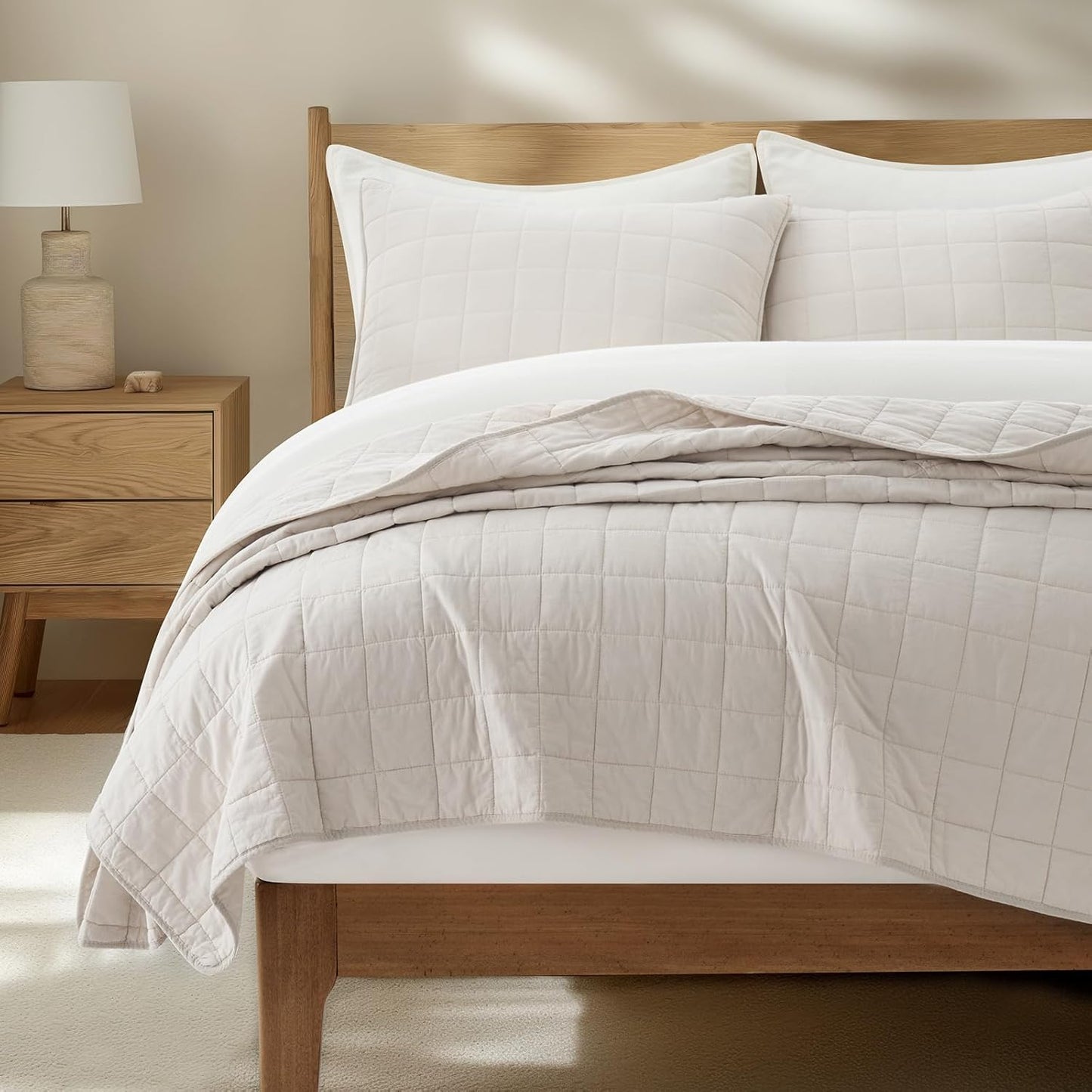 100% Cotton Box Stitch Quilt Set, King Size, Birch Garment-Washed Softness, Lightweight All-Season Warmth, Cozy & Textured, Modern & Rustic Decor, 3 Piece Set with 2 Shams