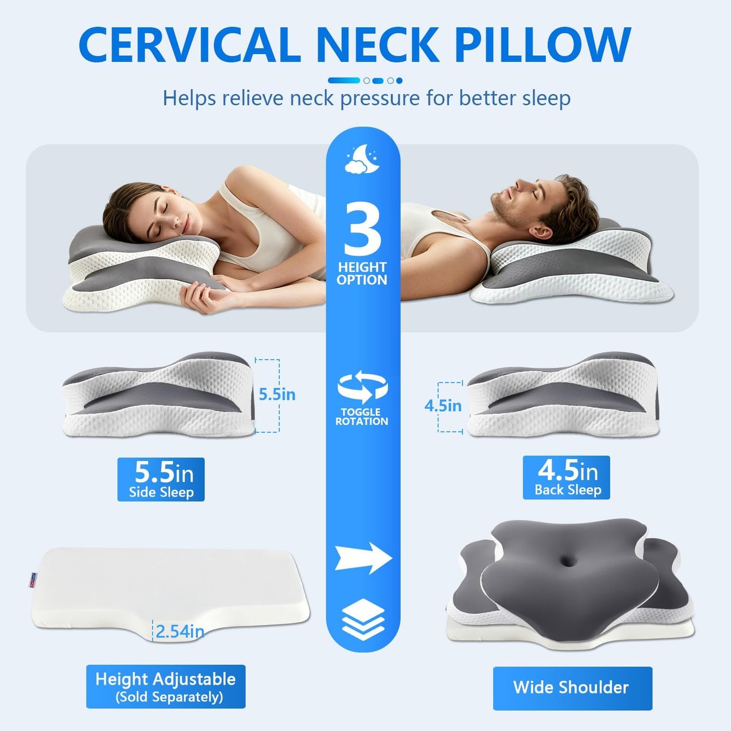 Ergo Pillow for Sleep Apnea, Neck Pain, and Snoring Relief | Cervical Neck Pillow for Neck Pain Relief & Side Sleeper | Orthopedic Memory Foam with Ergonomic Neck Support, Gray, Standard