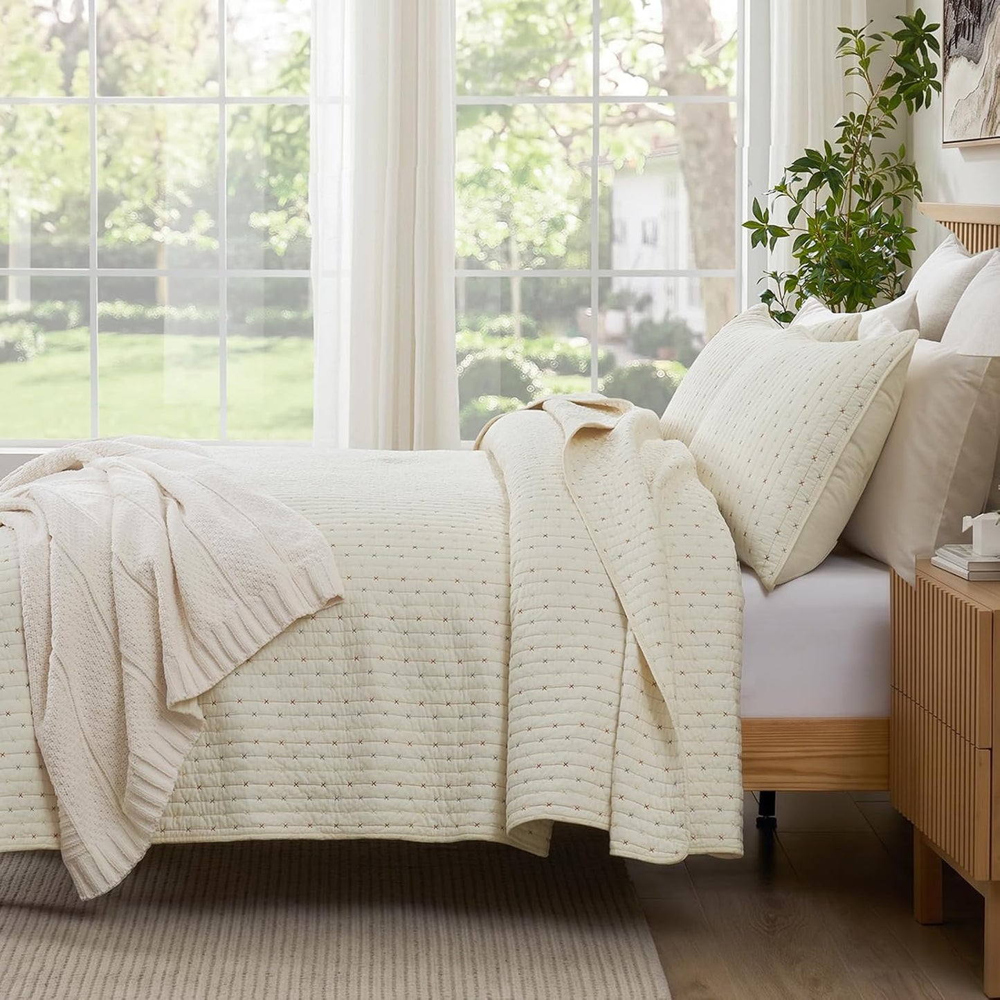 Cotton Quilt Set Queen Cross Stitch Bedspread Coverlet, Cream White Breathable, Moisture Wicking, Lightweight, All-Season, Machine Washable, Pre-Washed, Skin-Friendly, Soft, Cozy