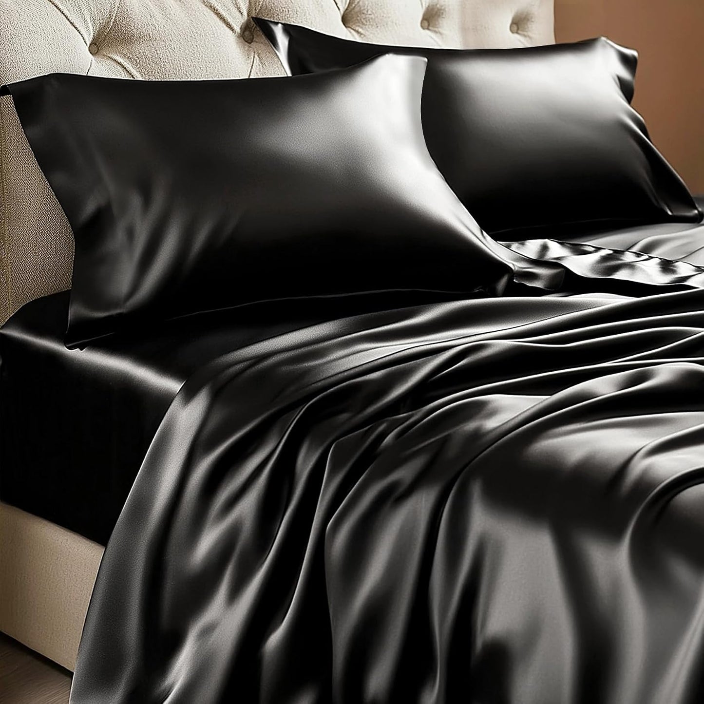 Satin Sheets Queen Size Bed Set, Black, 4 Pieces Luxury Silky Bed Sheets, 15 Inch Deep Pocket, Similar to Silk, Soft and Cooling, Reduces Friction, Gentle on Hair and Skin