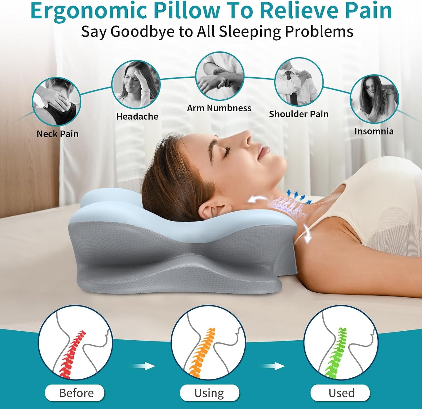 Cervical Neck Pillow for Pain Relief - Ergonomic Pillow for Neck Support, Contour Memory Foam Pillows for Sleeping, Orthopedic Bed Pillow for Side Back Stomach Sleepers(Blue)