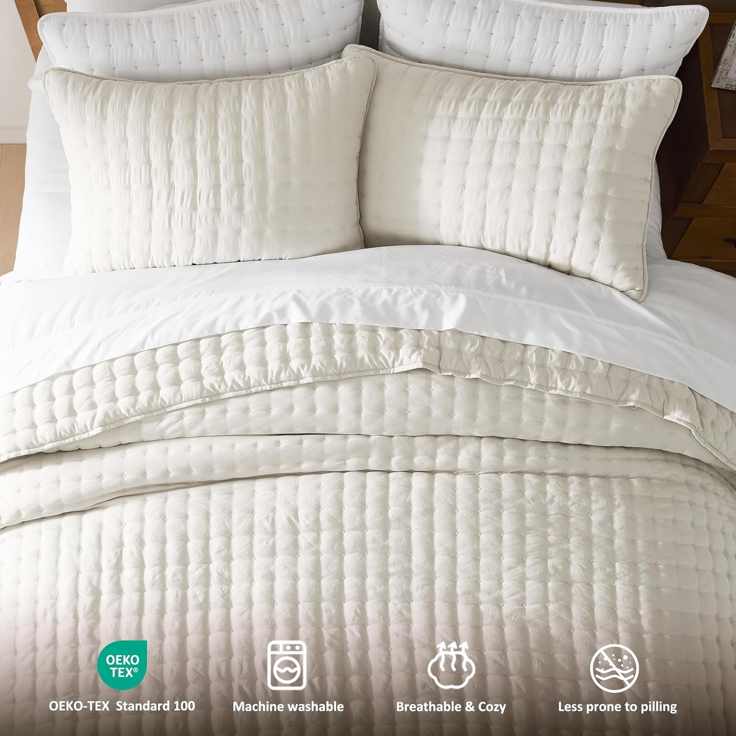 King Size Quilt Bedding Sets with 2 Pillow Shams, Ivory Lightweight Soft Bedspread Coverlet, Quilted Blanket Thin Comforter Bed Cover for All Season, 3 Pieces, 104x90 inches