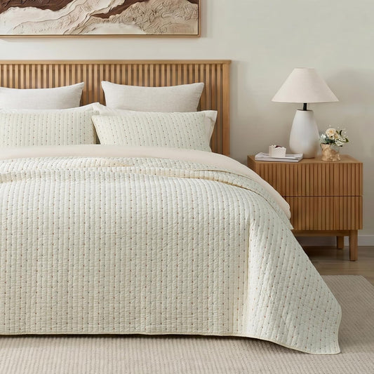 Cotton Quilt Set Queen Cross Stitch Bedspread Coverlet, Cream White Breathable, Moisture Wicking, Lightweight, All-Season, Machine Washable, Pre-Washed, Skin-Friendly, Soft, Cozy