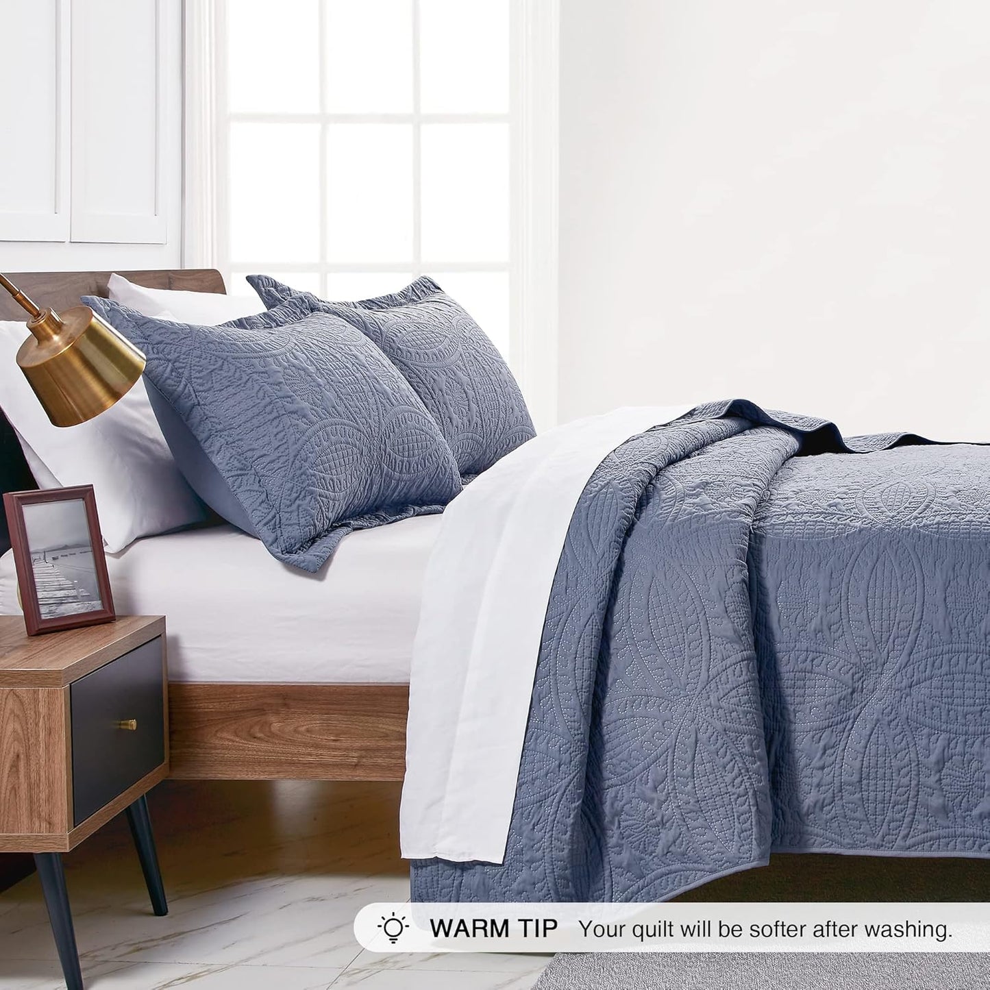 Quilts for Queen Bed Blue Bedspreads - Soft Bed Summer Lightweight Bedspread Comforter - Modern Style Coin Pattern Coverlet for All Season - 3 Pieces (1 Quilt, 2 Pillow Shams)