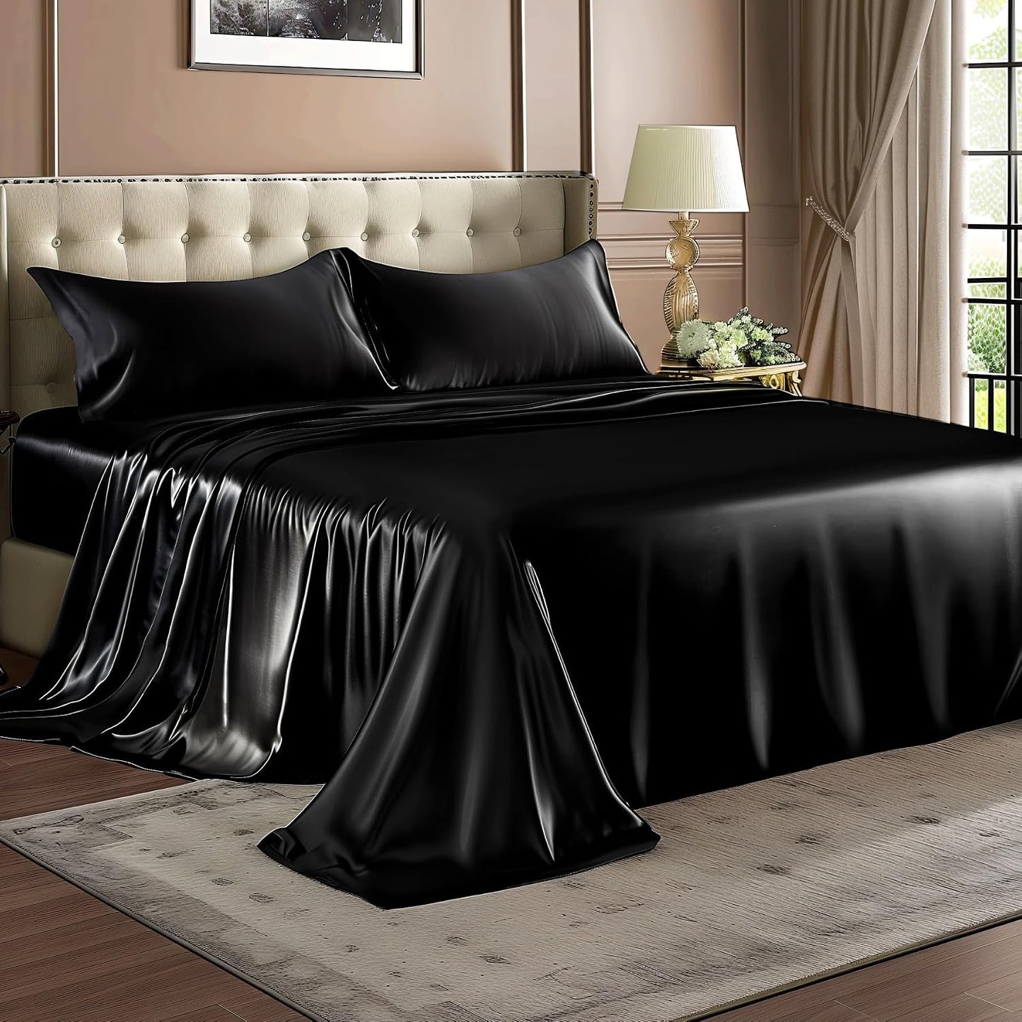 Satin Sheets Queen Size Bed Set, Black, 4 Pieces Luxury Silky Bed Sheets, 15 Inch Deep Pocket, Similar to Silk, Soft and Cooling, Reduces Friction, Gentle on Hair and Skin