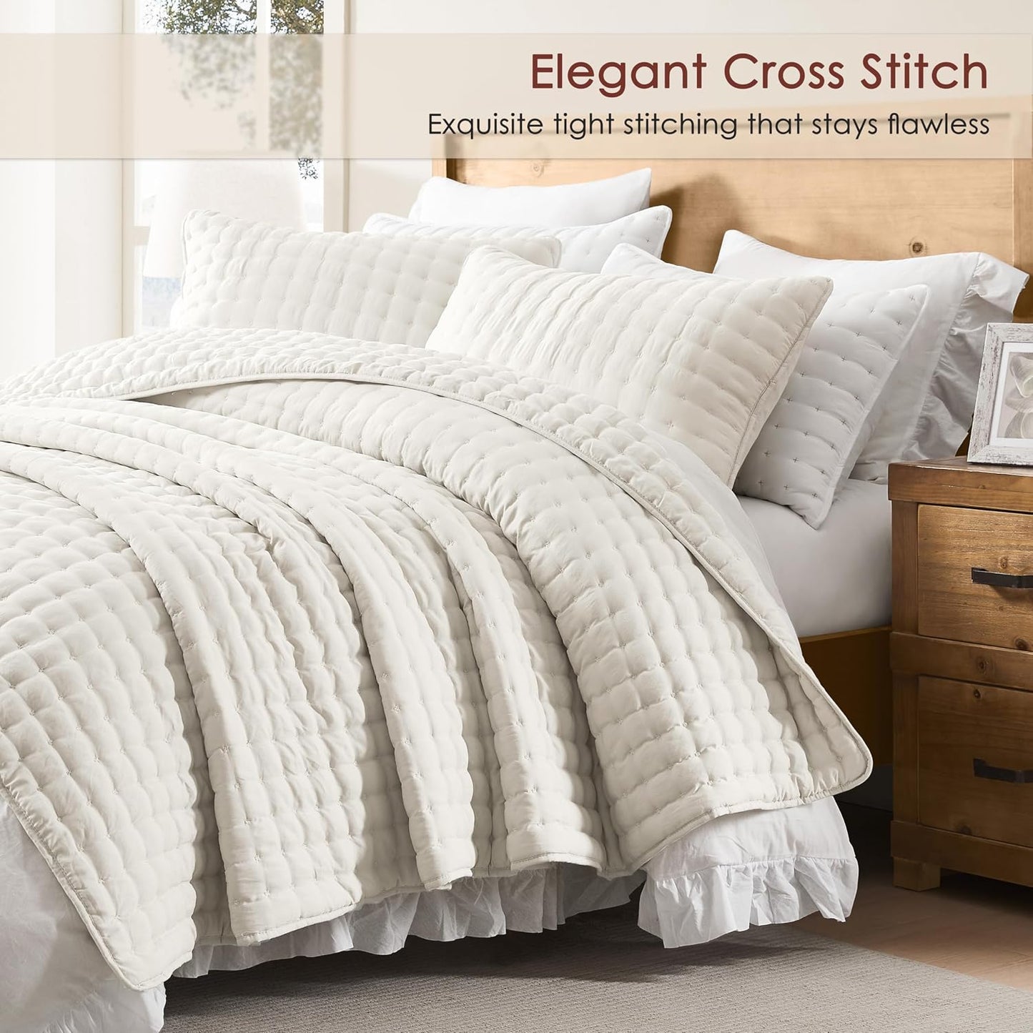 King Size Quilt Bedding Sets with 2 Pillow Shams, Ivory Lightweight Soft Bedspread Coverlet, Quilted Blanket Thin Comforter Bed Cover for All Season, 3 Pieces, 104x90 inches