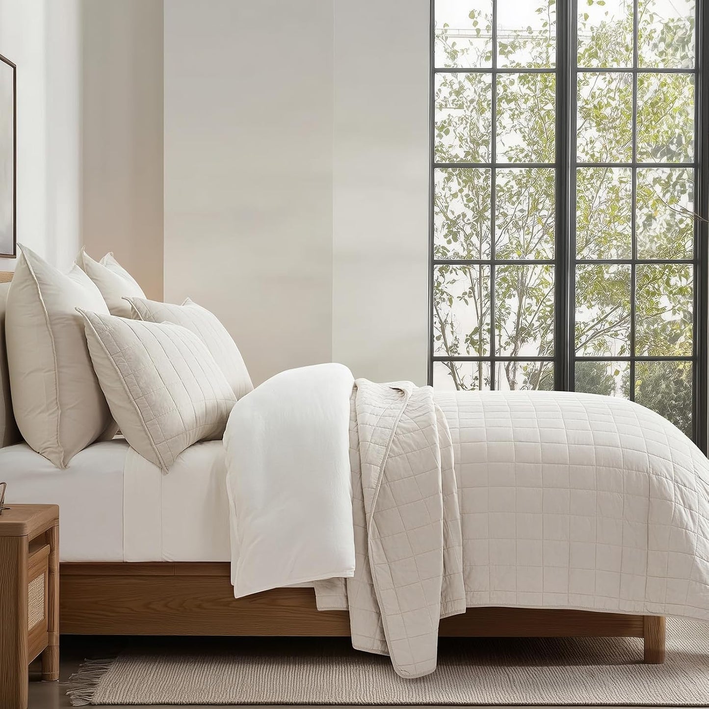 100% Cotton Box Stitch Quilt Set, King Size, Birch Garment-Washed Softness, Lightweight All-Season Warmth, Cozy & Textured, Modern & Rustic Decor, 3 Piece Set with 2 Shams