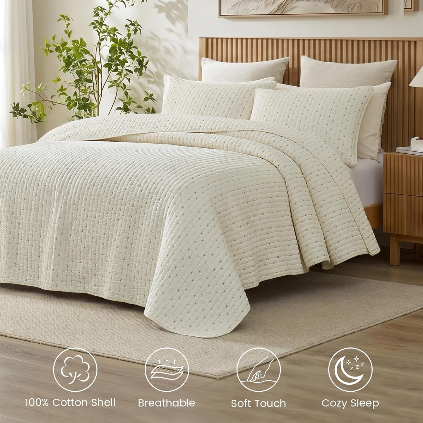 Cotton Quilt Set Queen Cross Stitch Bedspread Coverlet, Cream White Breathable, Moisture Wicking, Lightweight, All-Season, Machine Washable, Pre-Washed, Skin-Friendly, Soft, Cozy