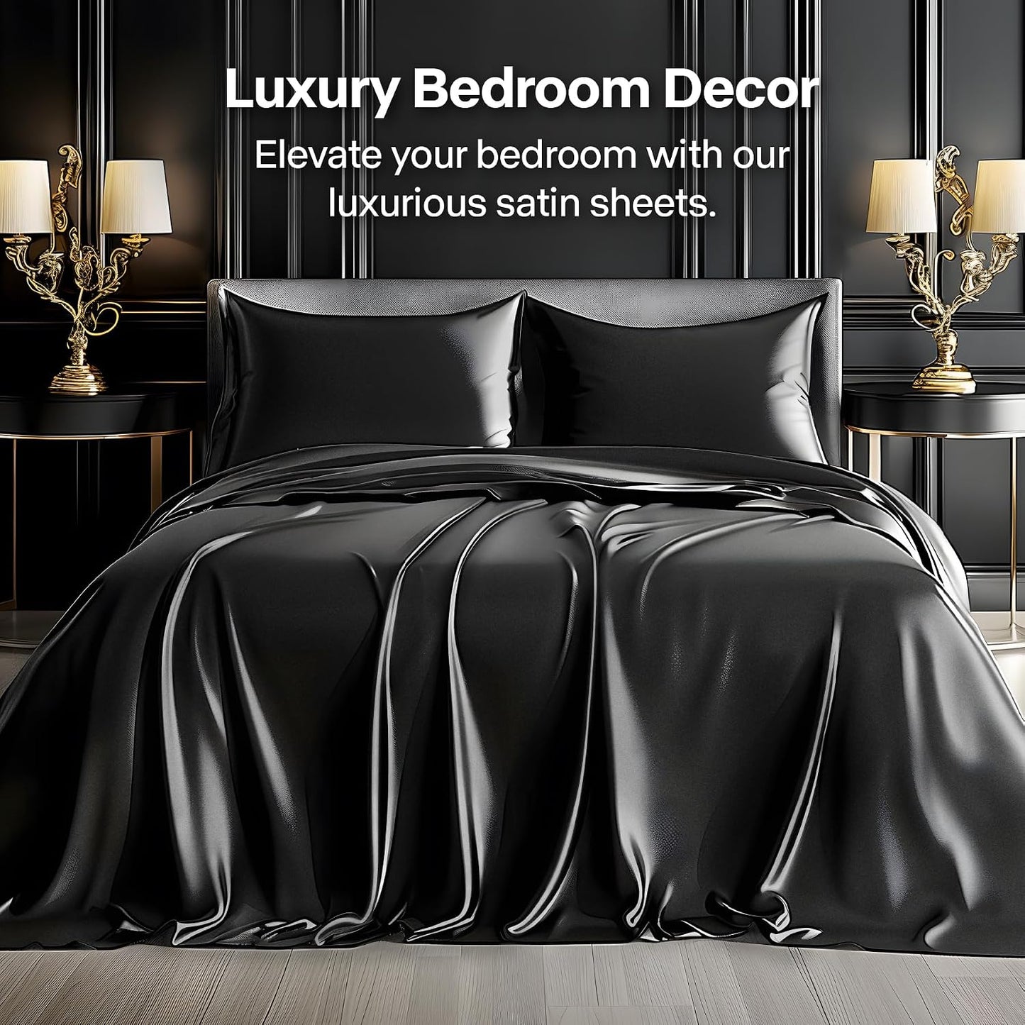 Satin Sheets Queen Size Bed Set, Black, 4 Pieces Luxury Silky Bed Sheets, 15 Inch Deep Pocket, Similar to Silk, Soft and Cooling, Reduces Friction, Gentle on Hair and Skin