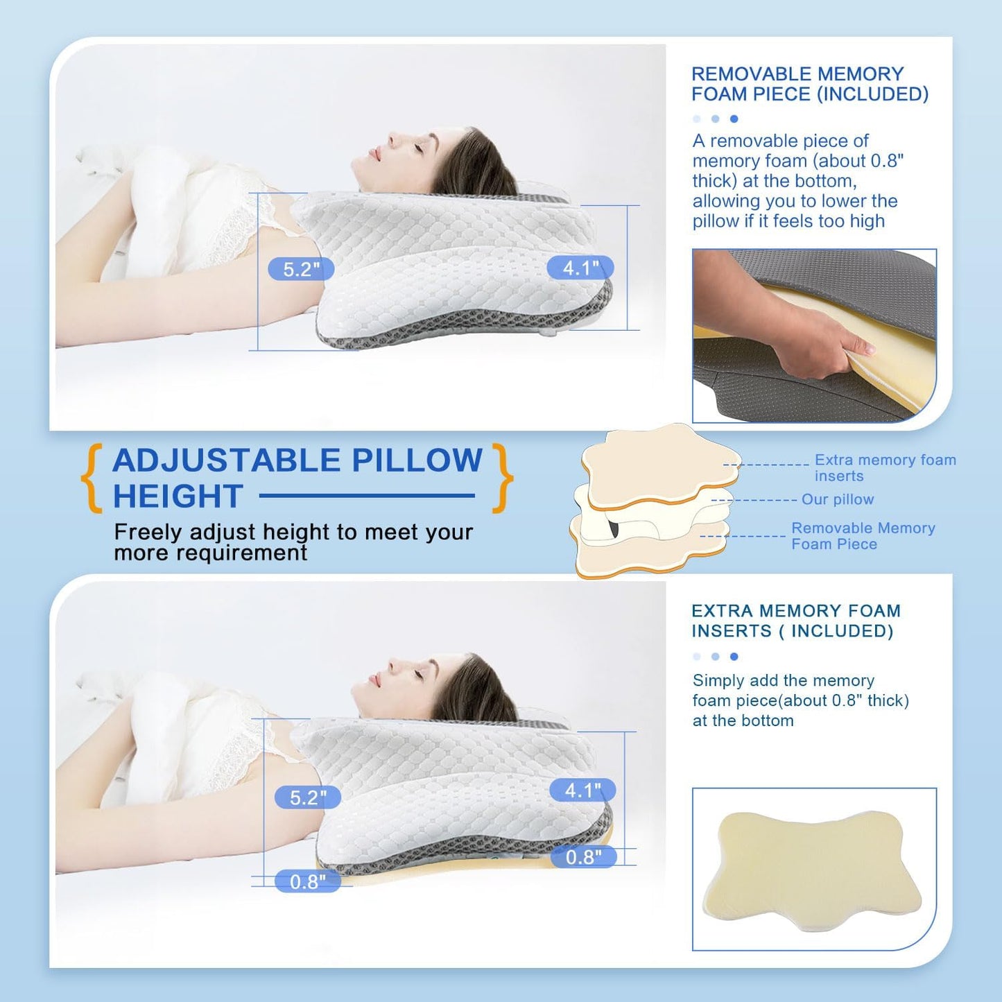 Pain Relief Cervical Pillow for Neck Support, Adjustable Ergonomic Pillow Cozy Sleeping, Odorless Orthopedic Memory Foam Pillow, Contour Bed Pillow for Side Back Stomach Sleeper