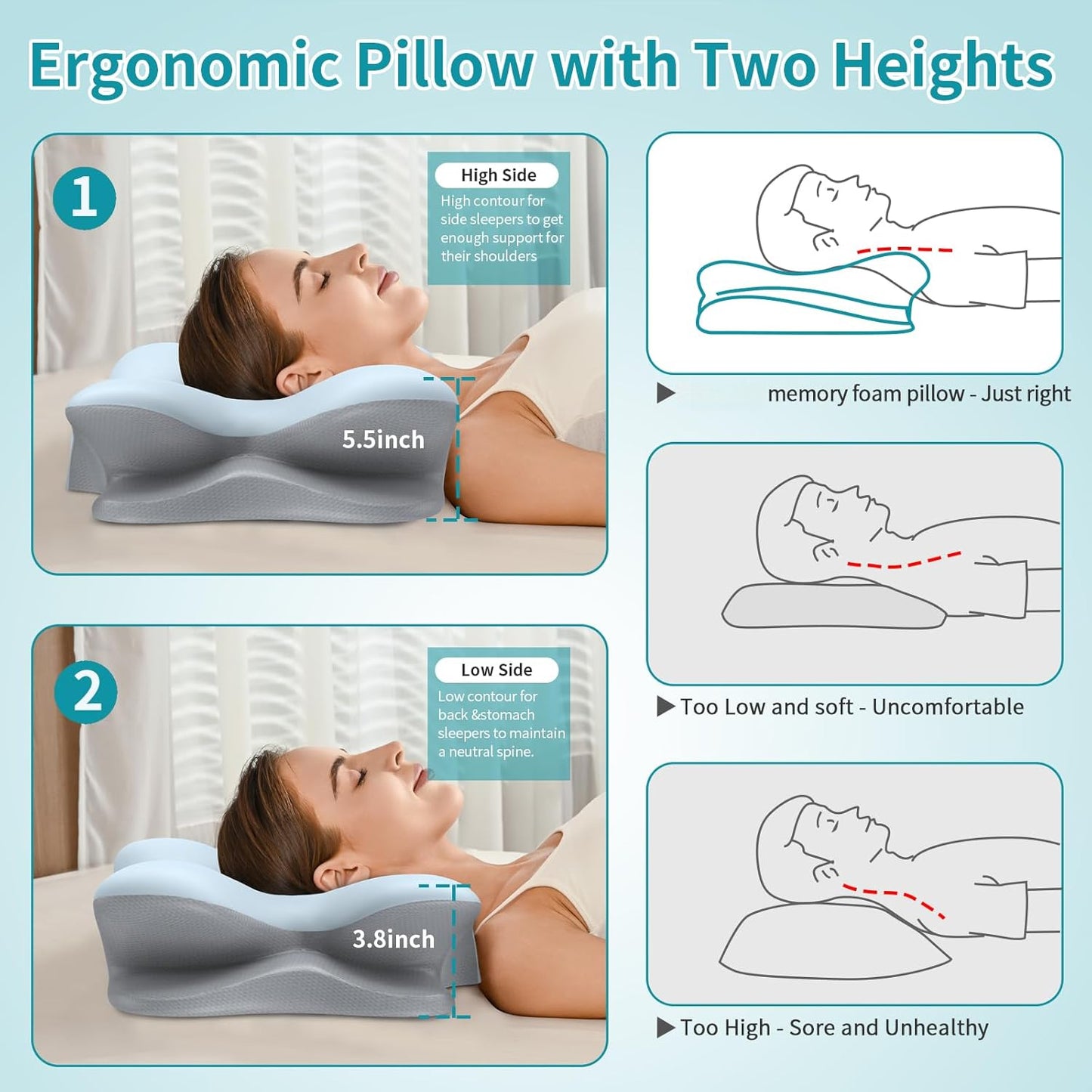 Cervical Neck Pillow for Pain Relief - Ergonomic Pillow for Neck Support, Contour Memory Foam Pillows for Sleeping, Orthopedic Bed Pillow for Side Back Stomach Sleepers(Blue)